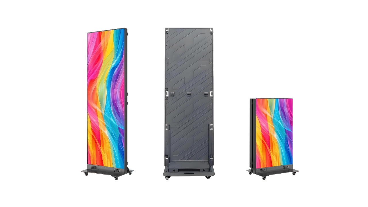  A high-resolution transparent background PNG showcasing three stages of the Adhaiwell foldable LED poster. Left: A $45^{\circ}$ perspective view highlighting the ultra-slim die-cast aluminum frame and vibrant P1.86 pixel pitch. Center: A rear view of the industrial-grade cabinet showing the reinforced folding hinges and integrated power box. Right: The display in its fully collapsed state, illustrating compact storage capability. All units feature CNC-cut speaker grilles at the base for integrated audio-visual synchronization, specifically designed for fast-deployment retail and event environments.