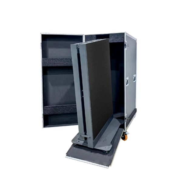 A high-durability professional flight case opened to show a folded Adhaiwell LED poster display being securely loaded. The case features high-density EVA foam padding and a rugged exterior with reinforced corners and heavy-duty wheels. This protective aviation packaging is specifically designed for the safe transport of foldable LED posters, preventing damage during international shipping and frequent event rental relocations.