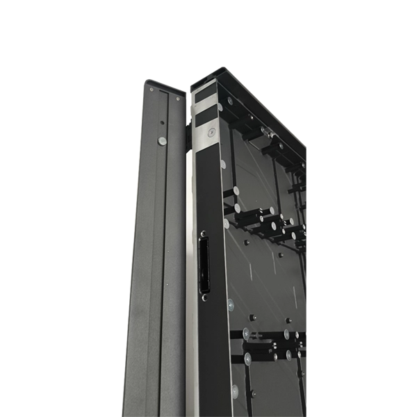 A close-up detailed shot of the Adhaiwell foldable LED poster's side profile and die-cast aluminum cabinet. The image highlights the innovative side-cover flip design. On the left, the protective cover is shown partially opened, revealing the precision-engineered edge. This mechanism is designed to protect LED modules during single-unit transport and flip open to ensure seamless splicing when cascading multiple units together. The high-strength die-cast chassis ensures industrial durability for frequent event rentals.