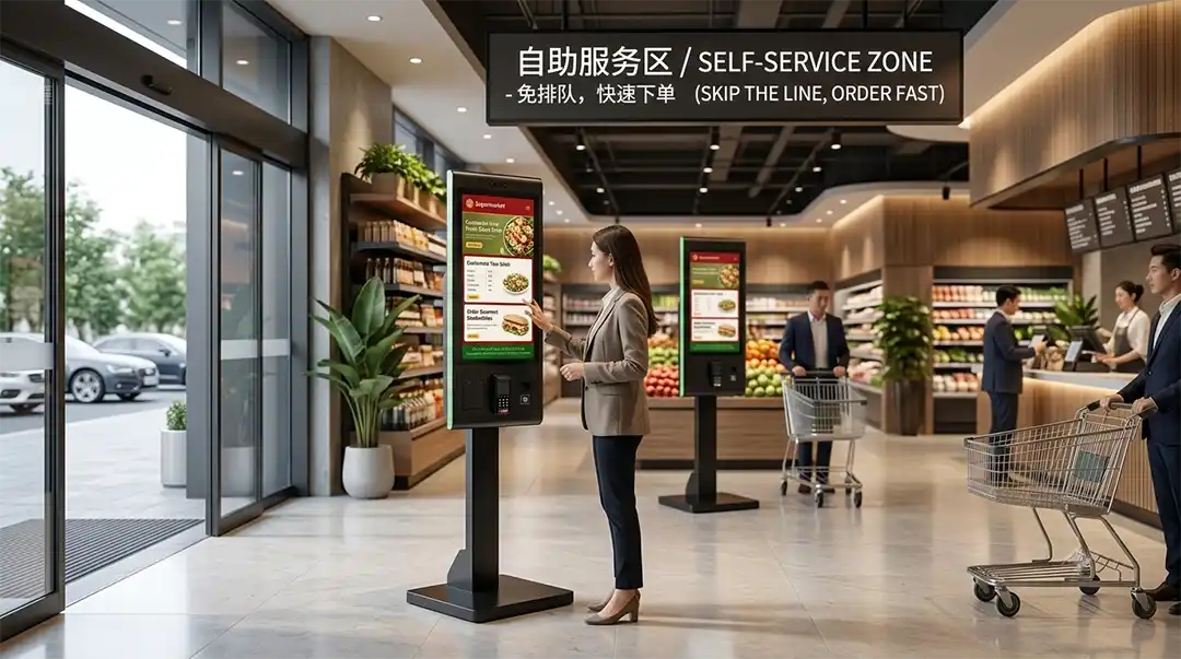 Verified China supplier Adhaiwell manufactures large screen retail kiosks with barcode scanner and heavy-duty base.