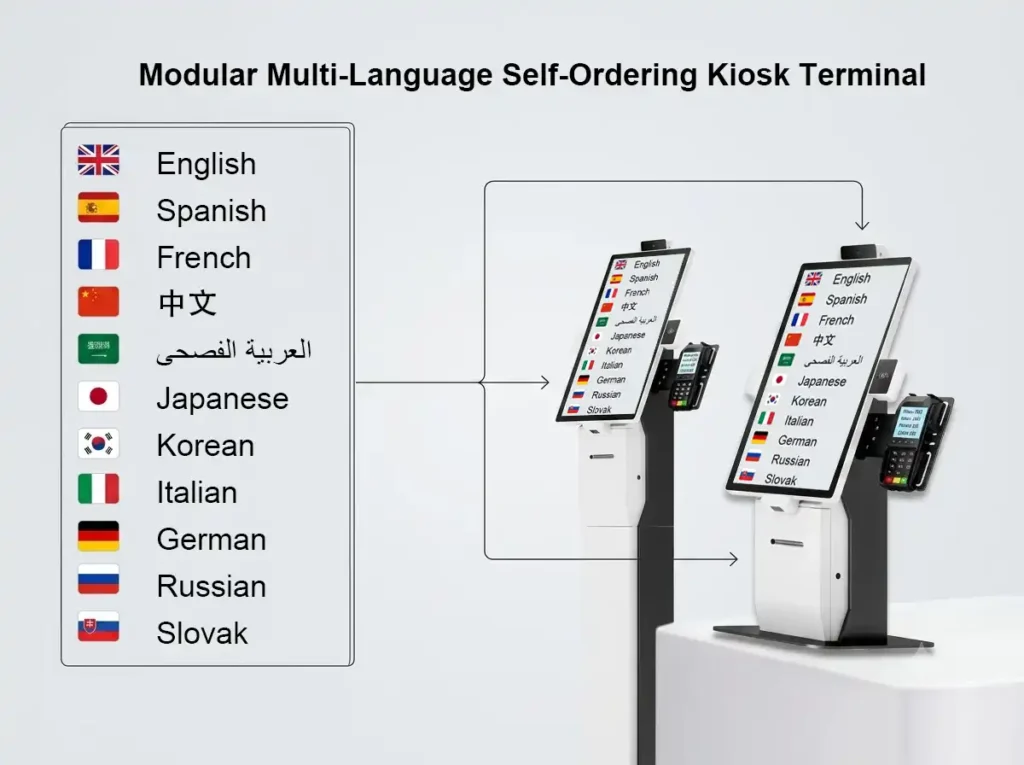 Modular self-ordering kiosk with multi-language UI, designed and manufactured in China by Adhaiwell factory. Features flexible configurations.