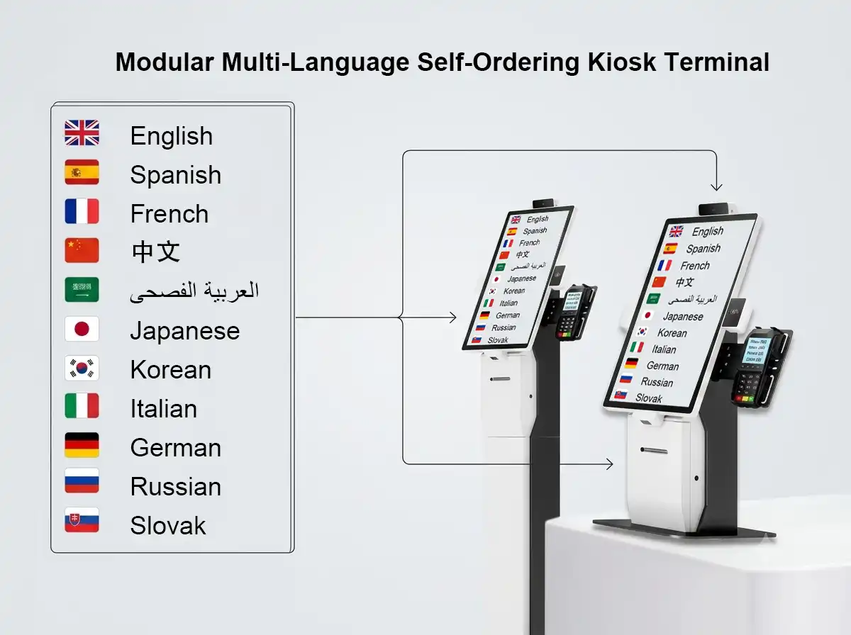 Modular self-ordering kiosk with multi-language UI, designed and manufactured in China by Adhaiwell factory. Features flexible configurations.