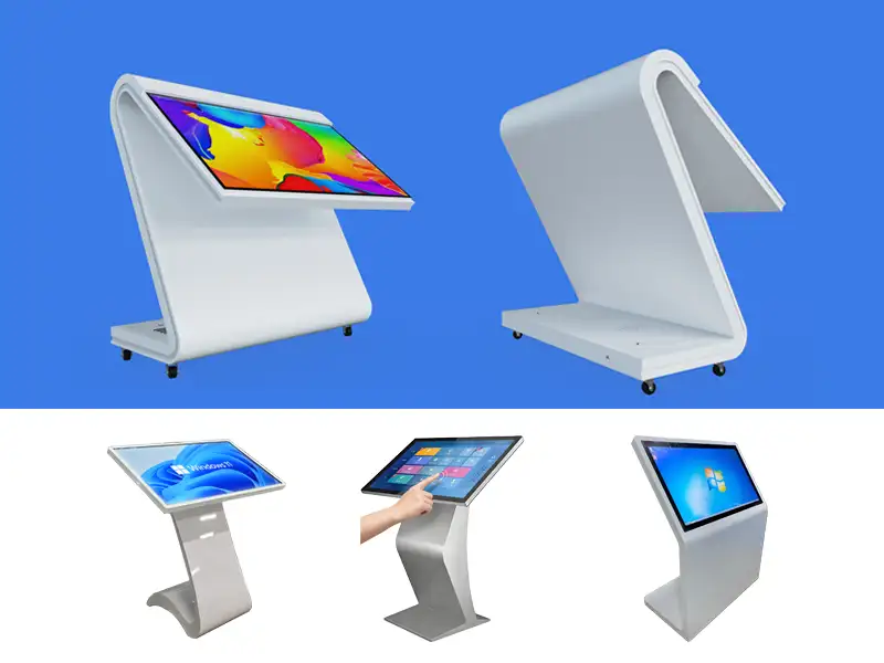Adhaiwell China factory various shape slanted touch screen kiosk with multiple cabinet styles, supports OEM ODM customization for retail, hotel, museum and exhibition application projects