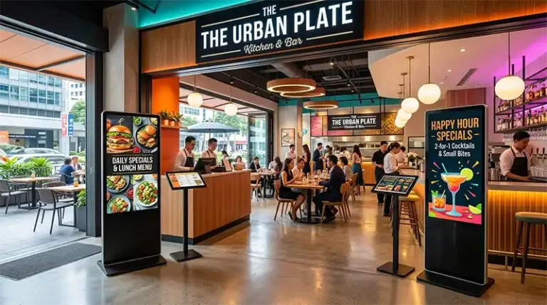 Adhaiwell floor standing digital signage for restaurants, displaying menus and promotions, China manufacturer