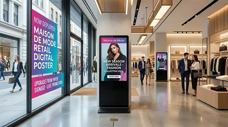 Adhaiwell floor standing digital poster kiosk deployed in retail stores for promotions and brand advertising, China manufacturer.