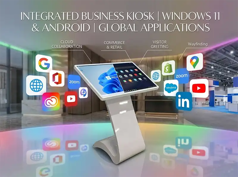 Adhaiwell China manufacturer S-shaped touch table kiosk with Windows & Android dual OS, supports diversified business applications for retail, hotel, mall wayfinding and visitor service projects