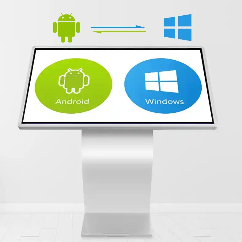 Adhaiwell China factory made S-design horizontal touch screen kiosk with switchable Android and Windows dual operating system, wholesale interactive touch inquiry terminal from Chinese supplier