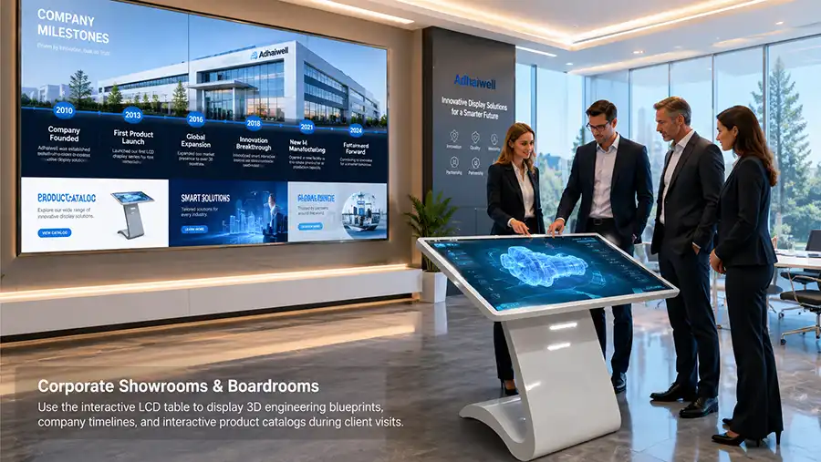 Adhaiwell China factory interactive LCD touch table kiosk applied in corporate showroom and boardroom for 3D blueprint, company timeline and product catalog interactive presentation