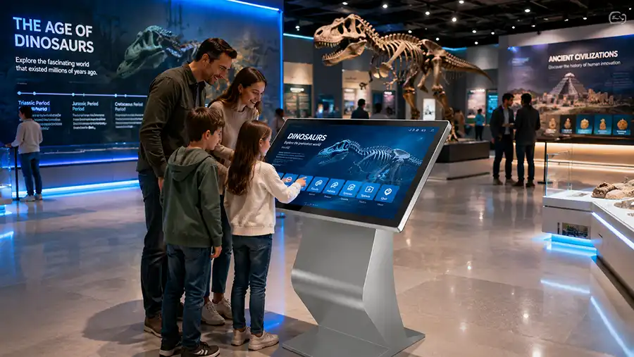 Adhaiwell China factory slanted multi-touch kiosk inside museum, multiple visitors interact with historical info and educational software on screen as interactive exhibition equipment
