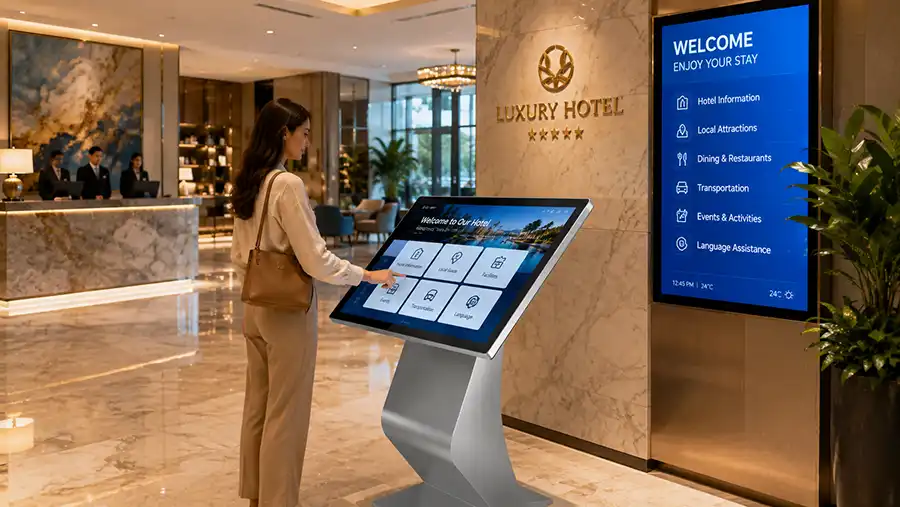Adhaiwell China factory slanted interactive touch kiosk in luxury hotel lobby, works as unattended digital concierge, wayfinding and local travel information terminal for guest self-inquiry