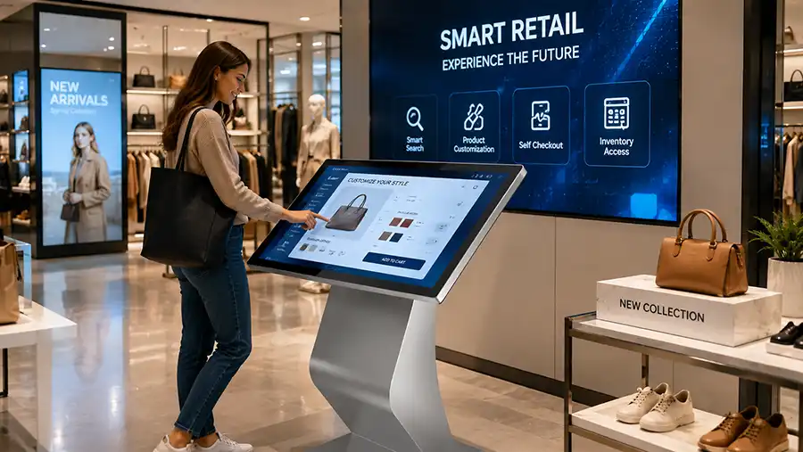 Adhaiwell China factory slanted interactive touch kiosk for retail shop, shoppers browse inventory, customize goods and finish self-checkout on large touch screen