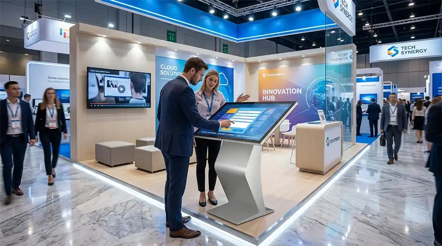 Adhaiwell China factory slanted interactive touch kiosk deployed at exhibition booth, helps trade show attendees browse service info, play demo videos and submit buyer contact information