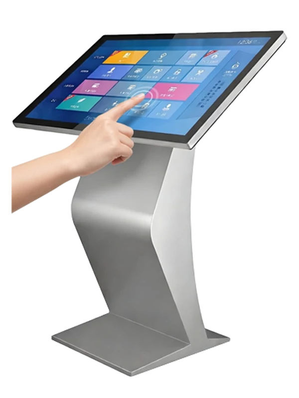 Adhaiwell China factory S-design horizontal interactive kiosk with multi-point IR touch screen, freestanding self-service touch inquiry terminal from professional Chinese manufacturer & supplier