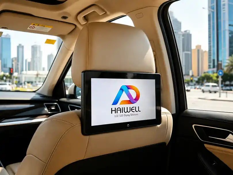 Adhaiwell 10.1 inch Android taxi advertising LCD display installed on car seat for vehicle media and fleet advertising projects