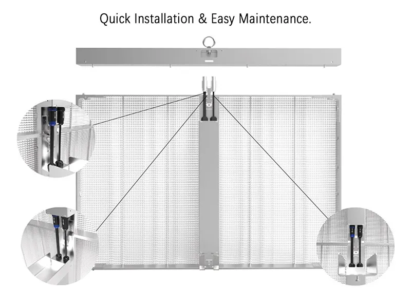 Adhaiwell transparent LED display panel with quick-install mounting system, showing front and rear access for easy maintenance, by a leading Chinese manufacturer and supplier.