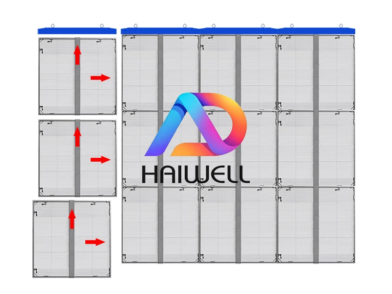 Adhaiwell transparent LED display modular hanging installation diagram, showing step-by-step assembly for suspended glass facade screens, by a leading Chinese manufacturer and supplier