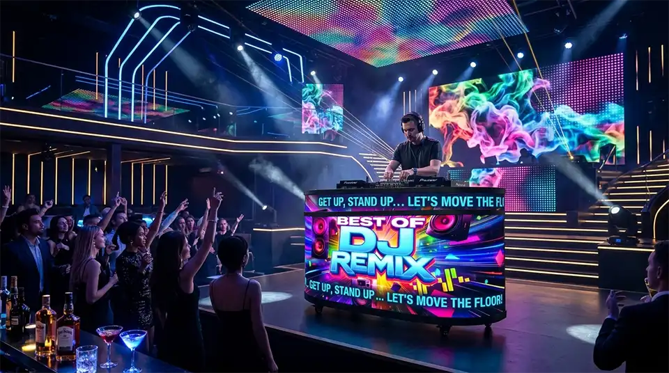 Adhaiwell curved DJ Booth LED Screen in nightclub, displaying vibrant visuals to enhance live performance atmosphere
