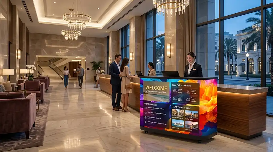 Adhaiwell curved LED front desk display in luxury hotel lobby, showing room rates, welcome info and local tourism guides