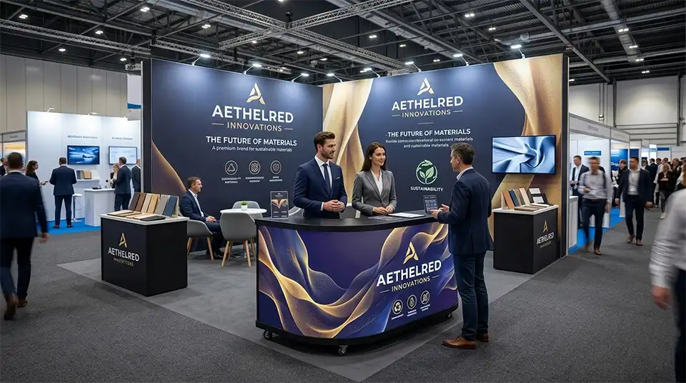 Adhaiwell curved LED reception counter at trade show booth, displaying brand visuals and engaging with attendees