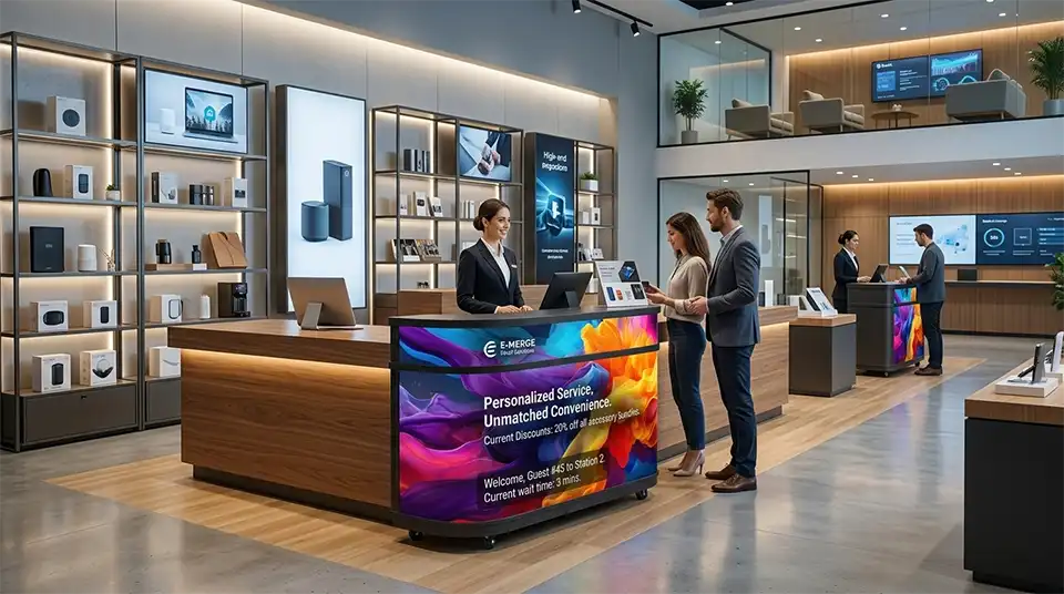 Adhaiwell curved LED service counter in modern retail store, displaying promotions, service info, and customer guidance content
