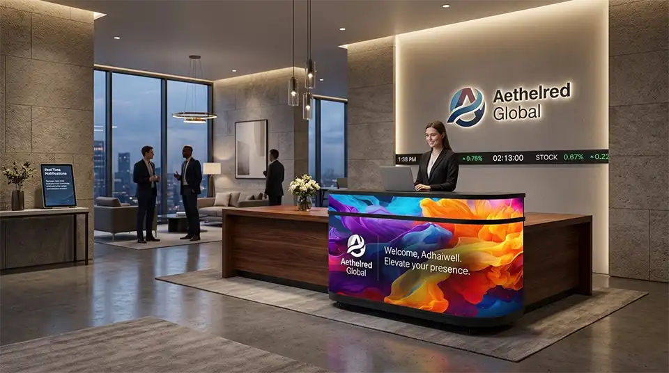 Adhaiwell curved front desk LED display in modern corporate lobby, showing welcome messages and company branding