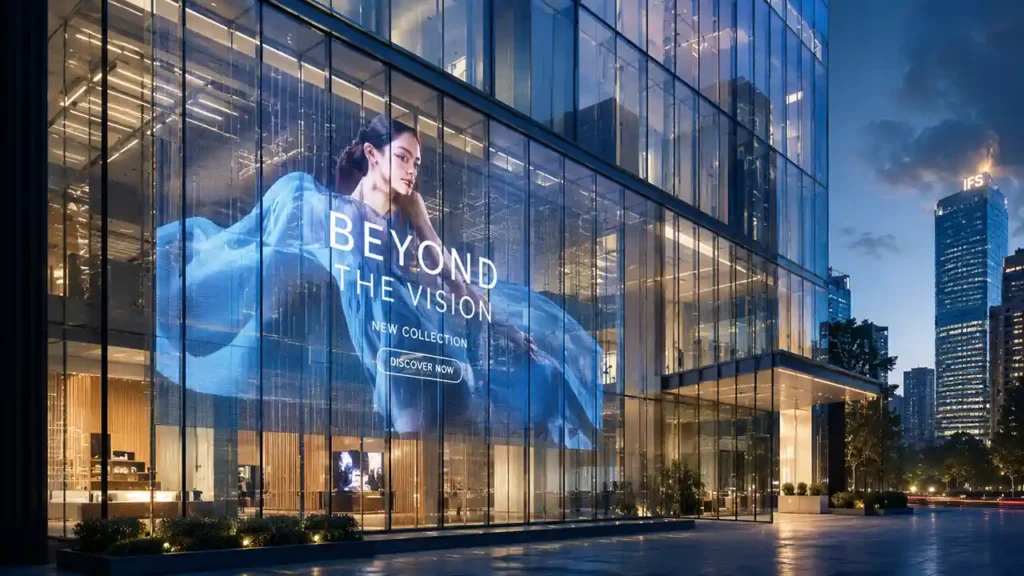 Adhaiwell indoor transparent LED video wall installed on a modern commercial building glass facade, displaying fashion content at dusk.