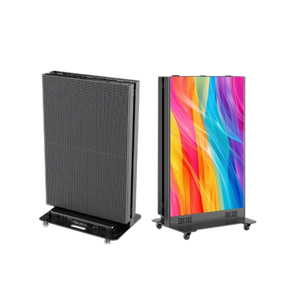 Adhaiwell foldable LED poster display with built-in bottom audio, mobile wheels, die-cast aluminum cabinet, shown in folded and open positions for retail, event rental and fast deployment