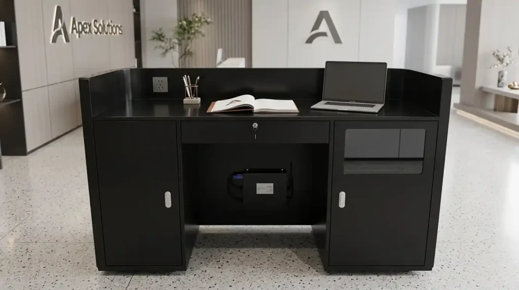 Black Metal Reception Desk With Lockable Storage Cabinets for Office Lobby