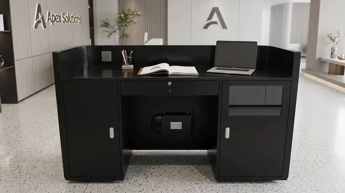 Black Metal Reception Desk With Lockable Storage Cabinets for Office Lobby