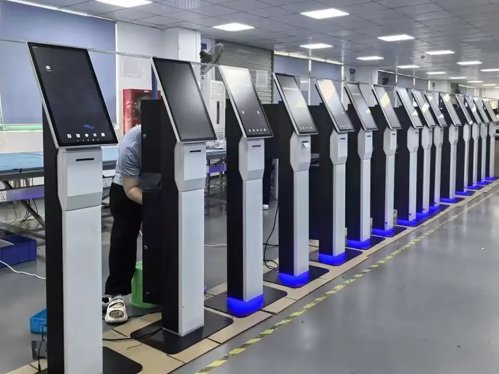 Adhaiwell Shenzhen Chinese manufacturer slim pedestal self service kiosk hardware undergoing full factory aging testing for bulk OEM orders from global POS integrators & distributors