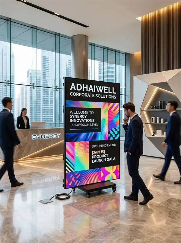 Adhaiwell P2.5 tri-fold LED poster screen standing in a modern corporate lobby with business professionals. The screen displays a colorful "WELCOME TO SYNERGY INNOVATIONS" message, highlighting its use as a smart information display in commercial buildings and showrooms.