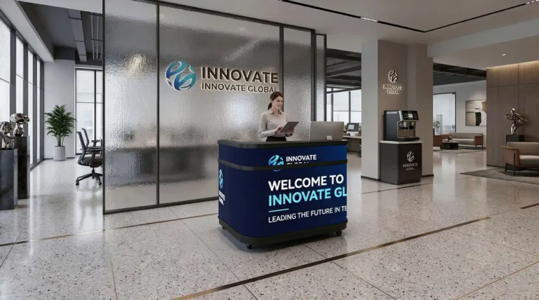 Compact curved dark mesh LED reception desk with rolling casters, placed in modern glass office lobby with receptionist holding tablet