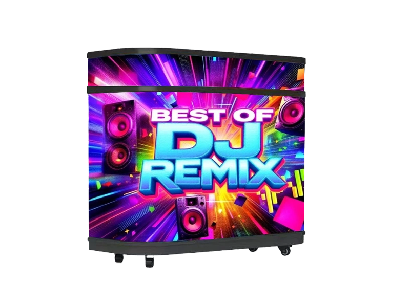 Adhaiwell curved DJ booth LED display showing vibrant "BEST OF DJ REMIX" visuals for parties and events