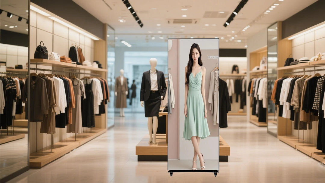 A high-definition smart LED poster display acting as a digital mannequin inside a luxury fashion boutique, showcasing a full-length model in a green dress.