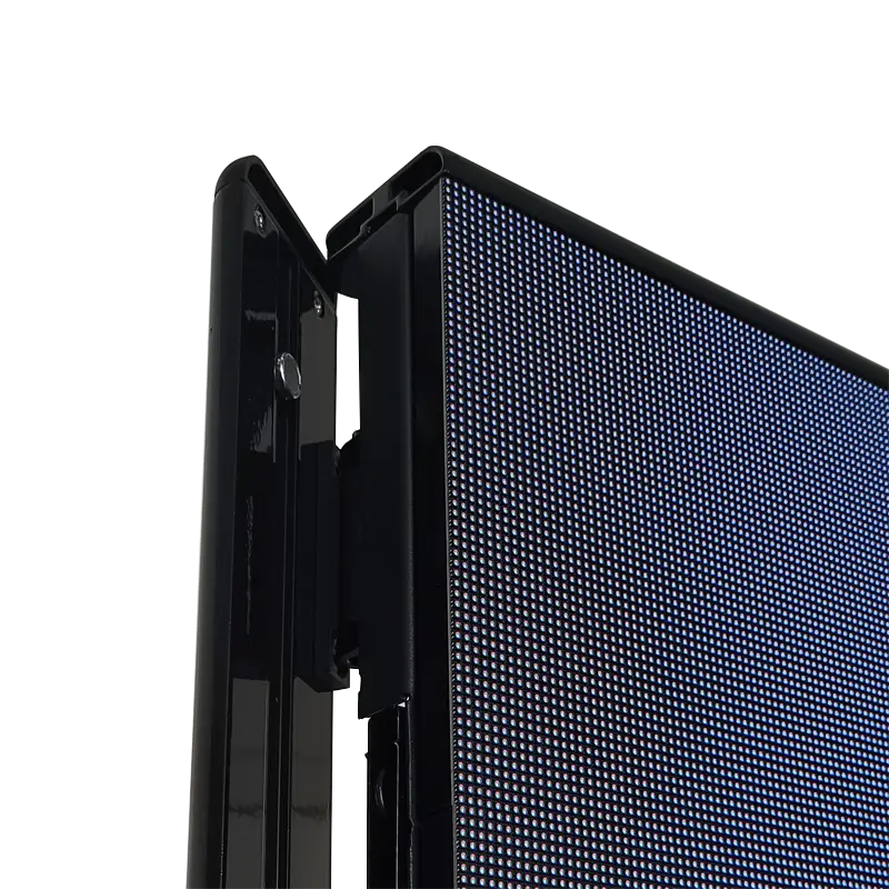 LED poster display with flip frame design showing side panels opening backward for seamless video wall connection and module protection