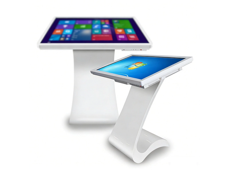 White floor-standing interactive touch screen LCD kiosk for information inquiry and digital signage in shopping malls.