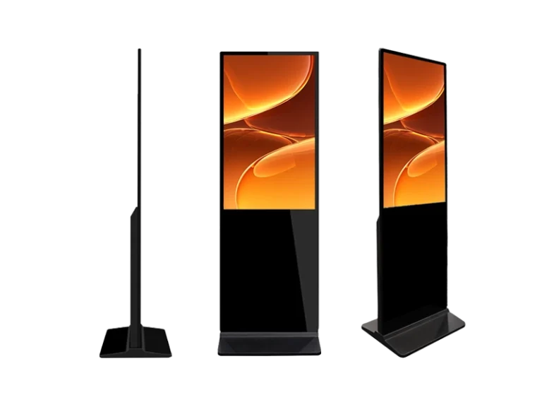 Floor standing LCD digital signage displays in 42, 50, and 55-inch sizes showcasing sharp 1080P floral imagery