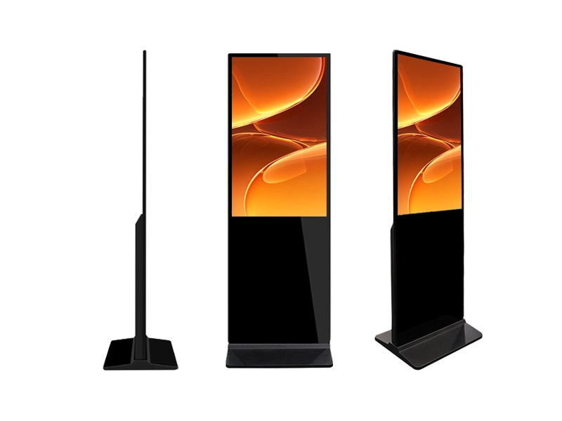 Floor standing LCD digital signage displays in 42, 50, and 55-inch sizes showcasing sharp 1080P floral imagery