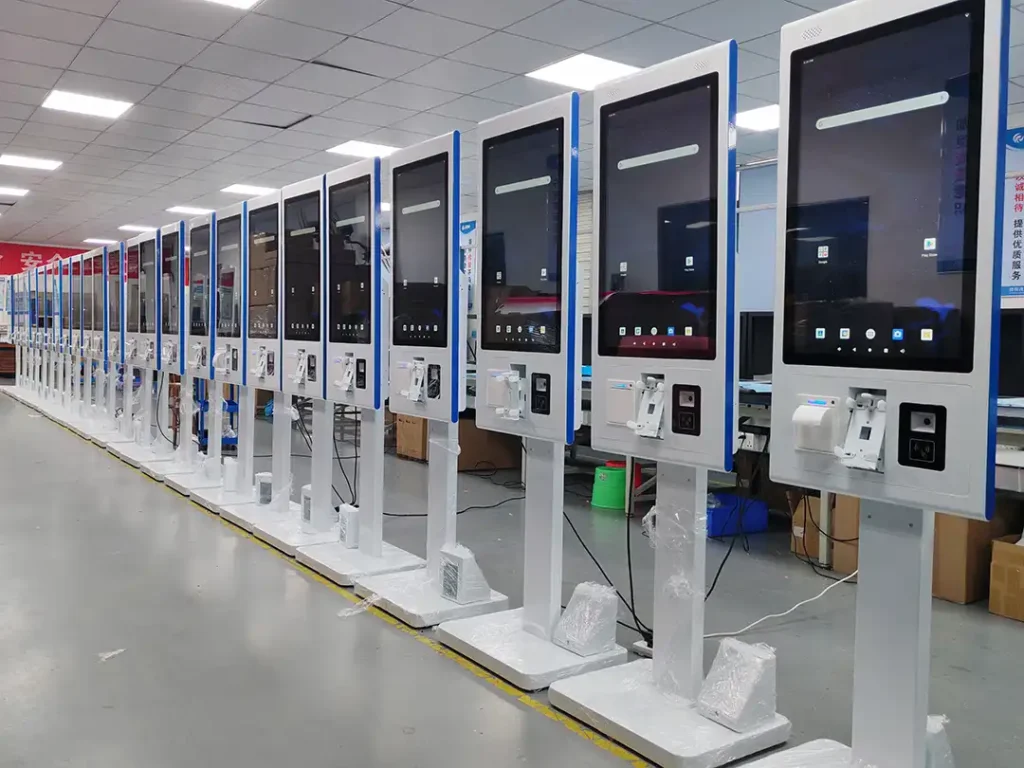 Adhaiwell Shenzhen Chinese manufacturer floor self service kiosks with reserved POS terminal mounts, factory stability testing for bulk OEM wholesale to global catering POS integrators