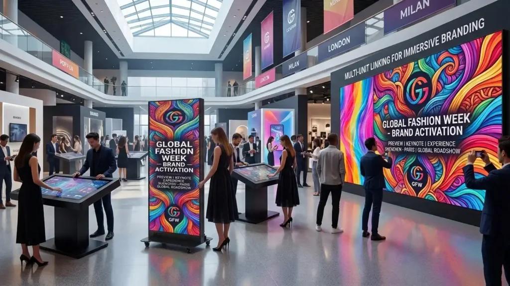 Adhaiwell foldable LED poster displays deployed at a fashion exhibition pop-up, showing standalone posters and multi-unit linked video walls for immersive brand activation and exhibition booth marketing