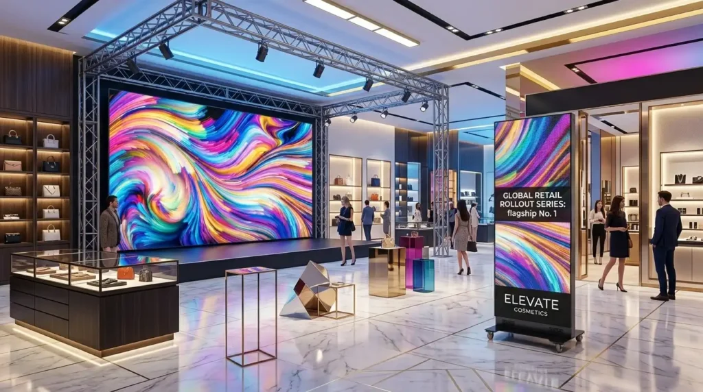 Adhaiwell foldable LED posters in event rental stage setups, showing multi-unit linked video walls for exhibitions and brand activations