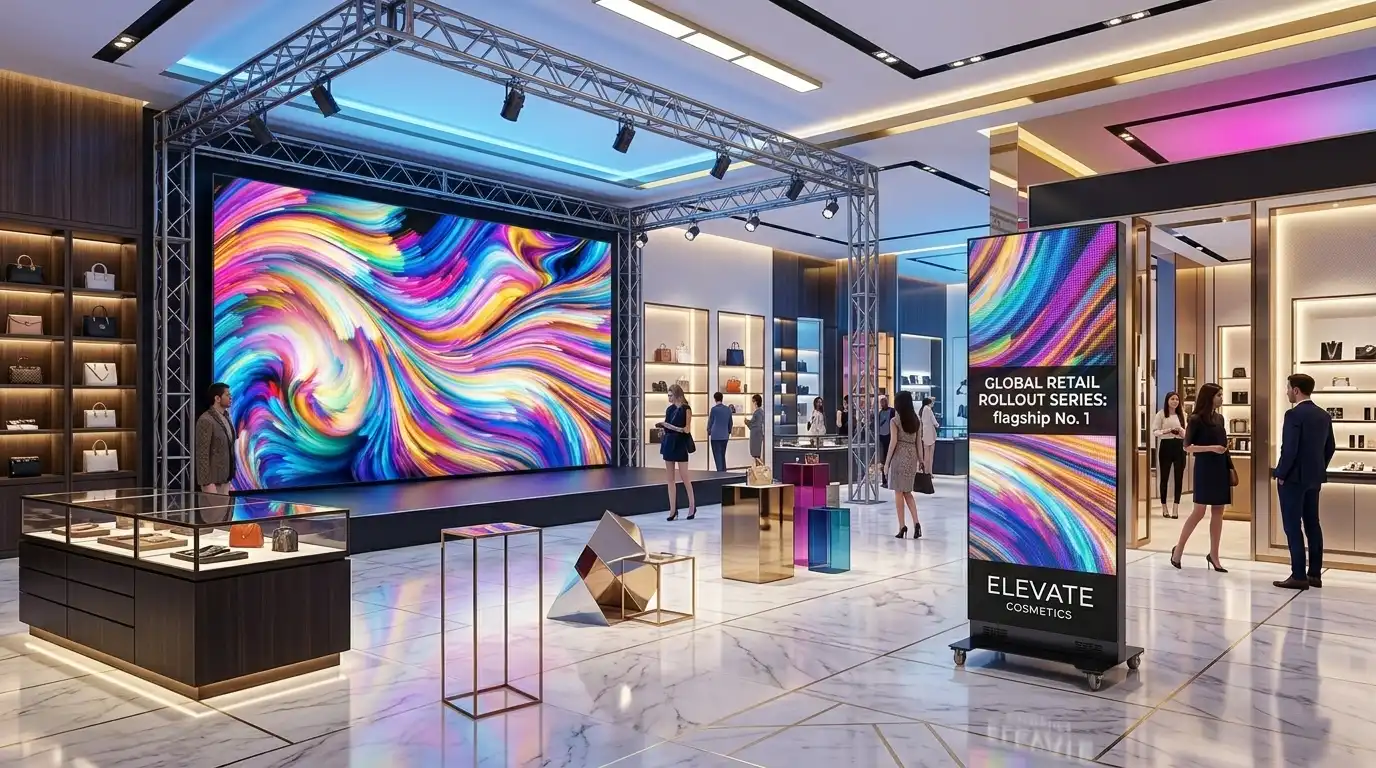 Adhaiwell foldable LED posters in event rental stage setups, showing multi-unit linked video walls for exhibitions and brand activations