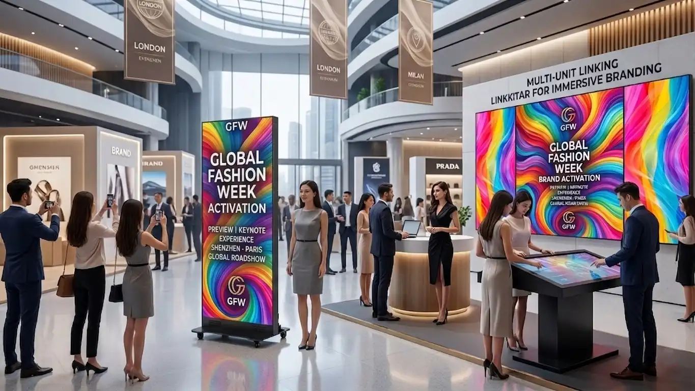 Adhaiwell foldable LED poster displays at a global fashion week brand activation, showing multi-unit linked LED video walls, mobile wheeled design, and vibrant content for roadshows, pop-up events, and immersive brand experiences