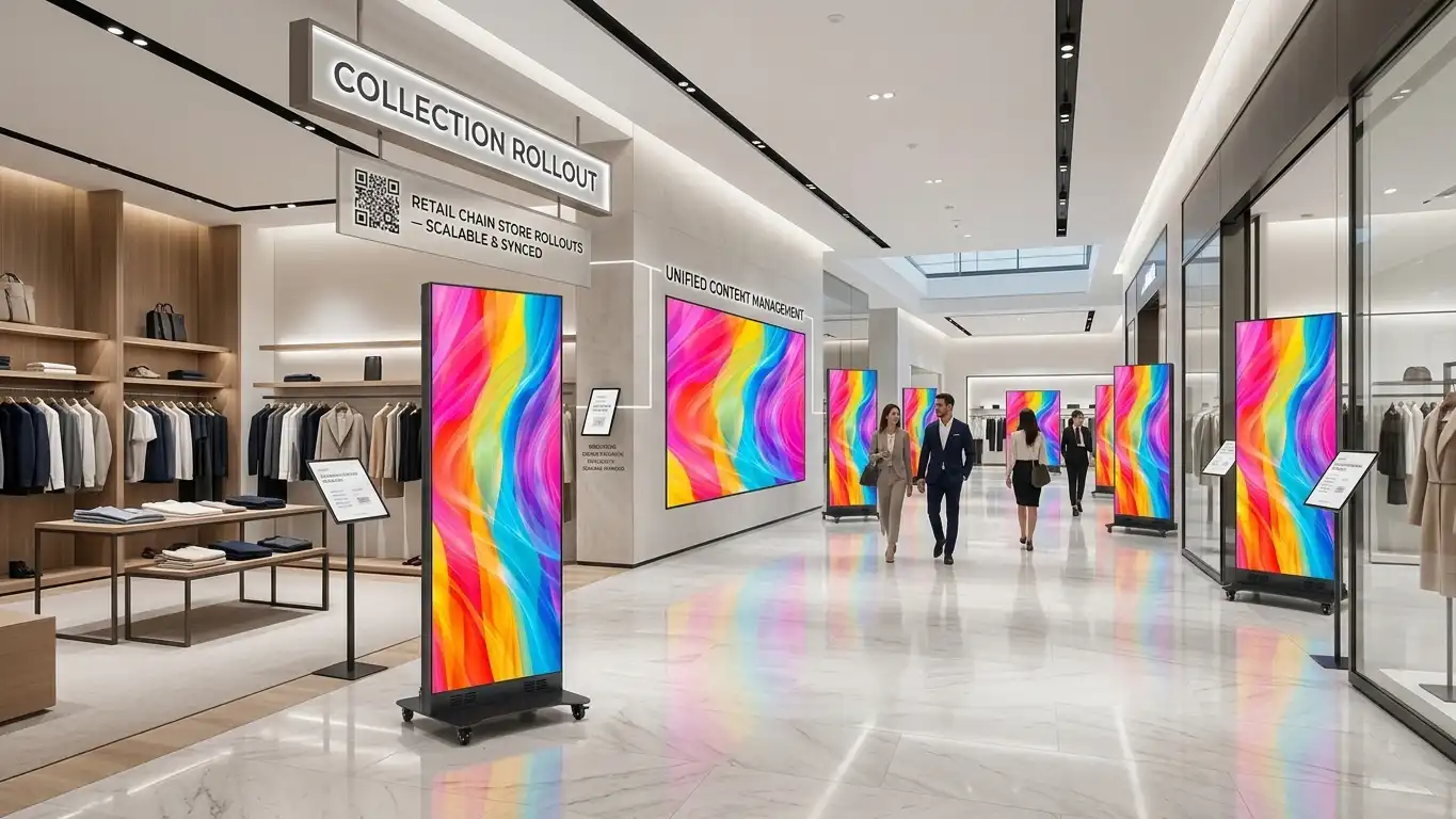 Adhaiwell foldable LED poster displays deployed in a high-end retail fashion store, showcasing multi-unit chain rollouts, unified content management, and vibrant visual promotions for retail marketing campaigns