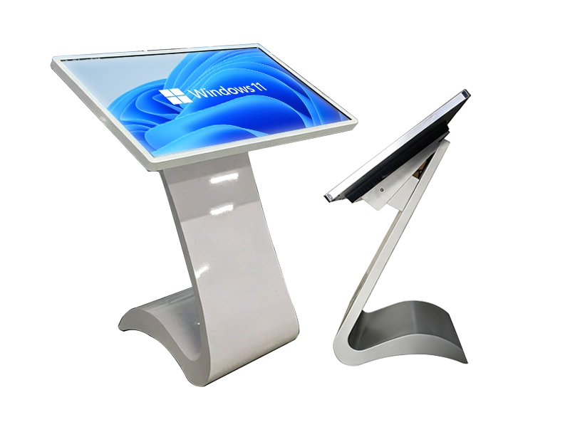 Ergonomic S-shape horizontal interactive touch screen table with Windows OS for museum and showroom exhibitions.