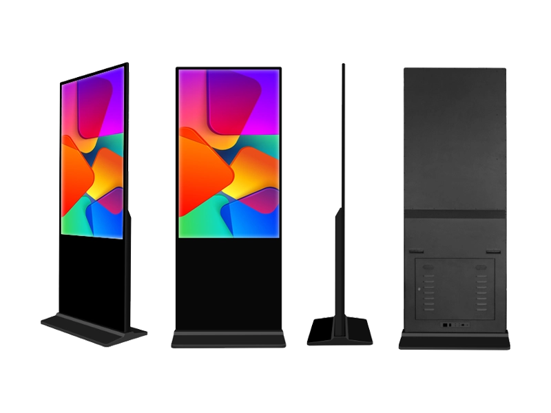 Front view of a 55-inch indoor floor-standing digital signage kiosk with a slim gold bezel and tempered glass protection