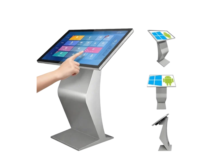 A collection of different models of Adhaiwell interactive touch screen kiosks and smart LCD displays for diverse business applications.