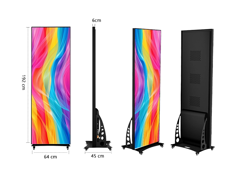 Standalone indoor digital LED poster screen P2.5 for retail shop advertising.