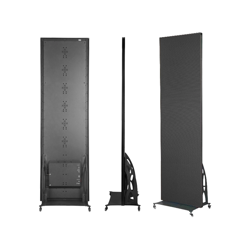Rear and side view of a slim digital LED poster display mounted on a heavy-duty base with 360-degree swivel wheels for easy mobility.