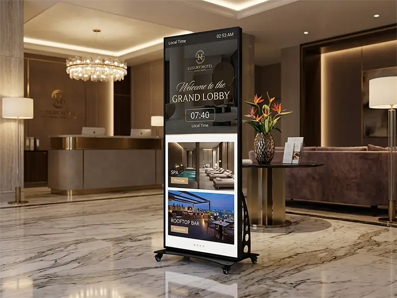A high-definition smart LED poster display showing a welcome message in a luxury hotel lobby with marble floors and golden lighting.
